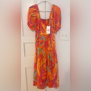 Bright Tropical Print Puff-Sleeve Midi Dress
